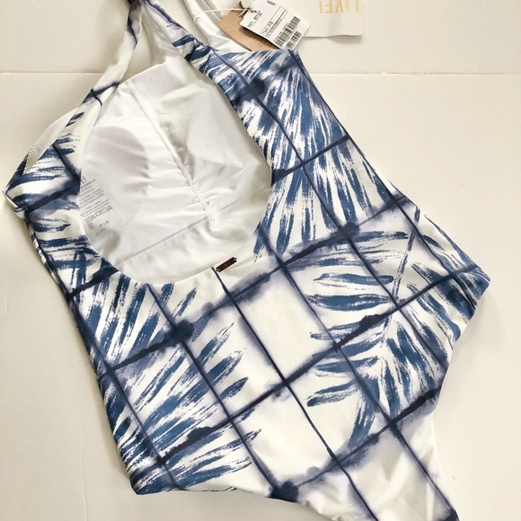 LIVE One Shoulder One Piece Bikini Swim Blue and White Abstract Print size small - Picture 5 of 11
